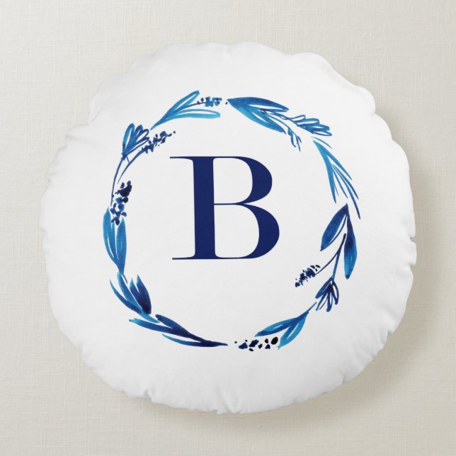Blue Floral Wreath 'B' Round Pillow (Front)