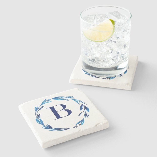 Blue Floral Wreath 'B' Stone Coaster (Side)