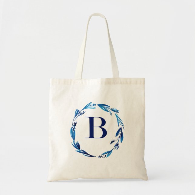 Blue Floral Wreath 'B' Tote Bag (Front)