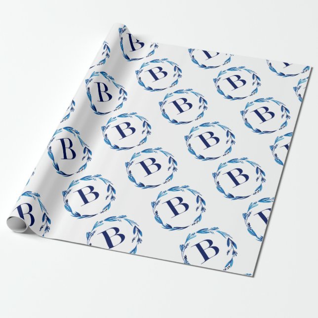 Blue Floral Wreath 'B' Wrapping Paper (Unrolled)