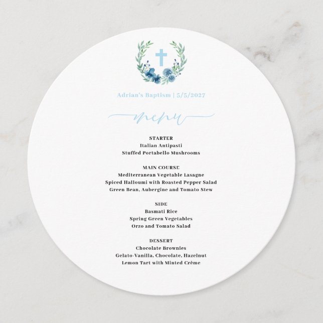 Blue Floral Wreath Baby Boy Baptism Round Menu (Front)