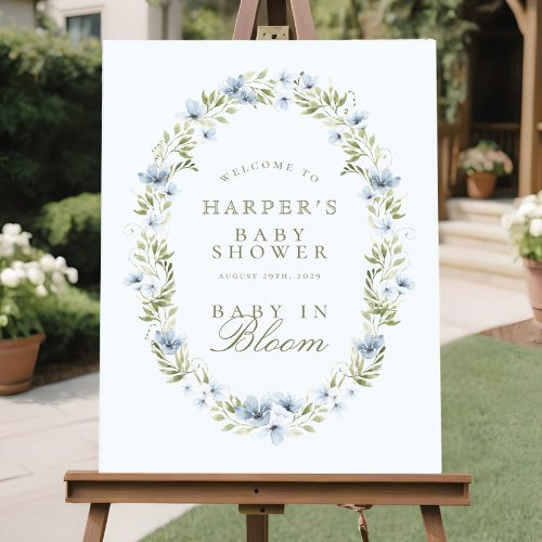 Blue Floral Wreath Baby in Bloom Baby Shower Sign