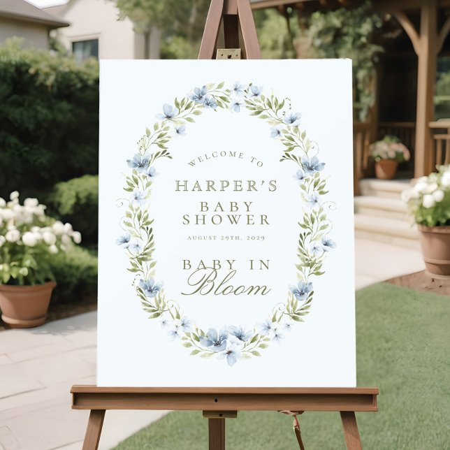 Blue Floral Wreath Baby in Bloom Baby Shower Sign (Creator Uploaded)