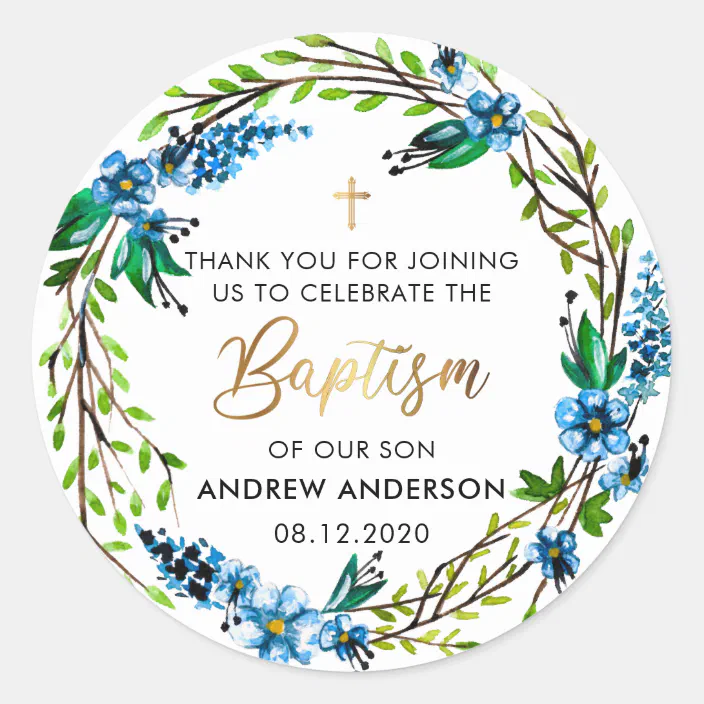 Blue Floral Baptism Personalized Heart Glossy Stickers 