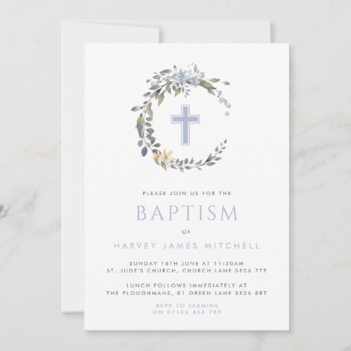 Blue Floral Wreath  Cross Baby Baptism Invitation