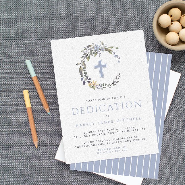 Blue Floral Wreath & Cross Baby Dedication Invitation (Creator Uploaded)