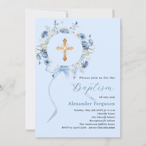 Blue floral wreath cross bow boy baptism invitation