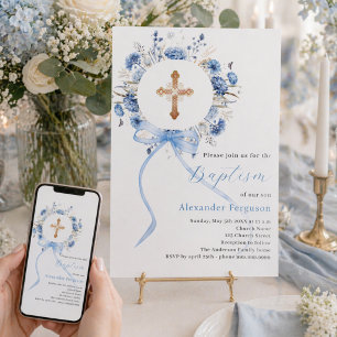Blue floral wreath cross bow boy baptism invitation