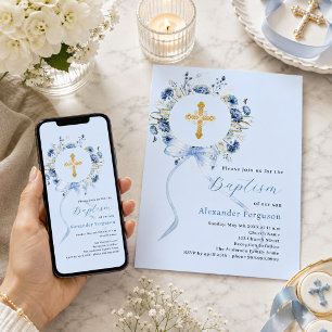 Blue floral wreath cross bow boy baptism invitation