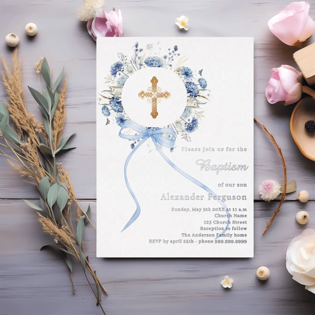 Blue floral wreath cross bow boy baptism silver foil invitation (Creator Uploaded)
