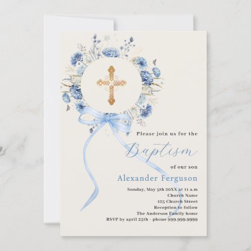 Blue floral wreath cross bow boy ivory baptism invitation