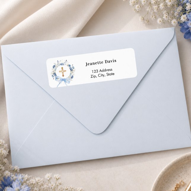 Blue floral wreath cross return address  label (Creator Uploaded)