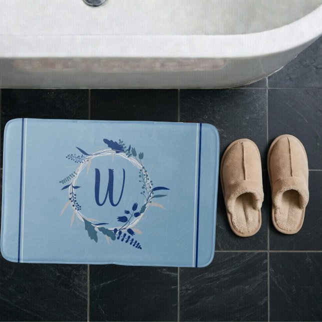 Blue Floral Wreath Custom Monogram Stripes Bath Mat (Feather wreath with monogram letter in center on blue bath mat. )