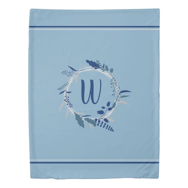 Blue Floral Wreath Custom Monogram Stripes Duvet Cover (Front)