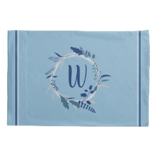 Blue Floral Wreath Custom Monogram Stripes Pillow Case