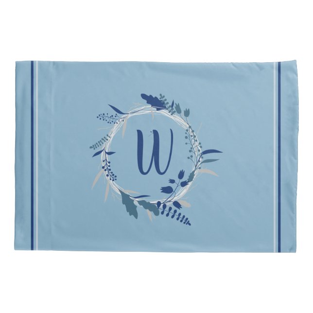 Blue Floral Wreath Custom Monogram Stripes Pillow Case (Back)