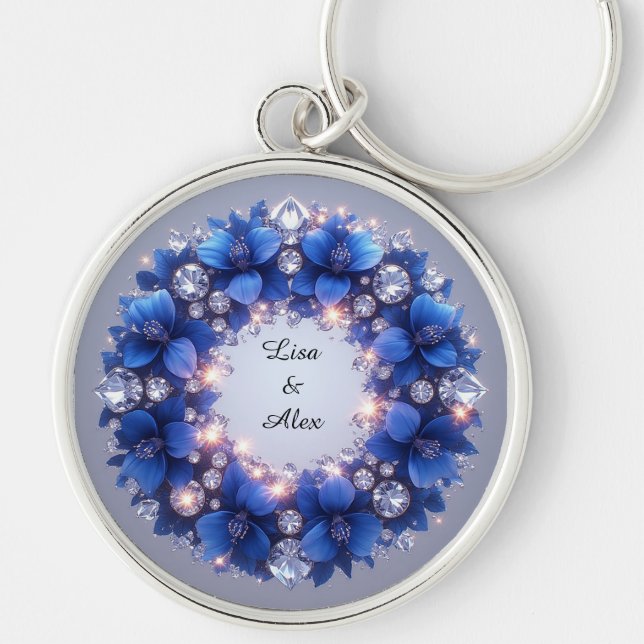 🌿 Blue Floral Wreath Custom Name Gift Charm 🔑 Keychain (Front)