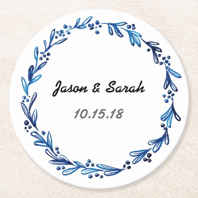Blue Floral Wreath Customizable Round Paper Coaster (Front)