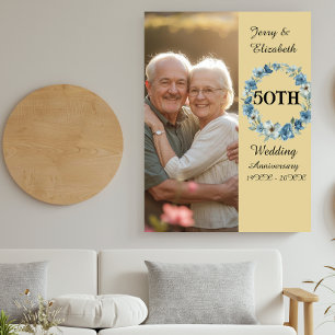 Blue Floral wreath golden year wedding anniversary Plaque