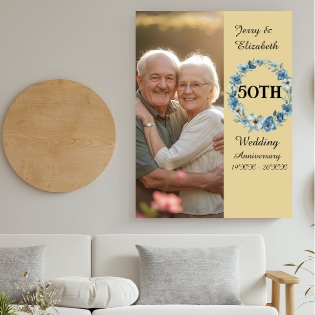 Blue Floral wreath golden year wedding anniversary Plaque (Creator Uploaded)