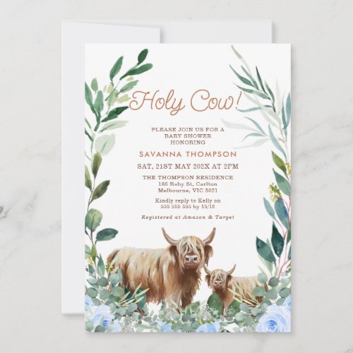 Blue Floral Wreath Highland Cow Baby Shower Invitation