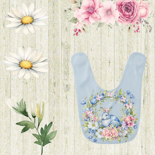 Blue Floral Wreath Leaf Easter Rabbit Pink Blooms  Baby Bib