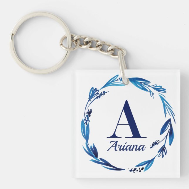 Blue Floral Wreath Monogram 'A' Keychain (Front)