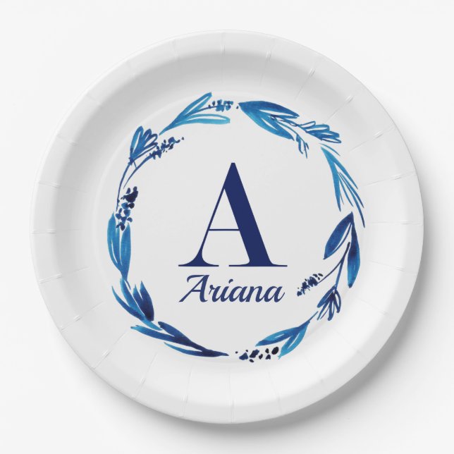 Blue Floral Wreath Monogram 'A' Paper Plates (Front)