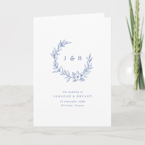 Blue Floral Wreath Monogram Folded Wedding  Program