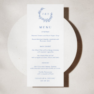 Blue Floral Wreath Monogram Wedding Menu