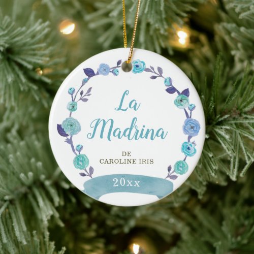 Blue Floral Wreath Personalized Spanish Godmother Ceramic Ornament