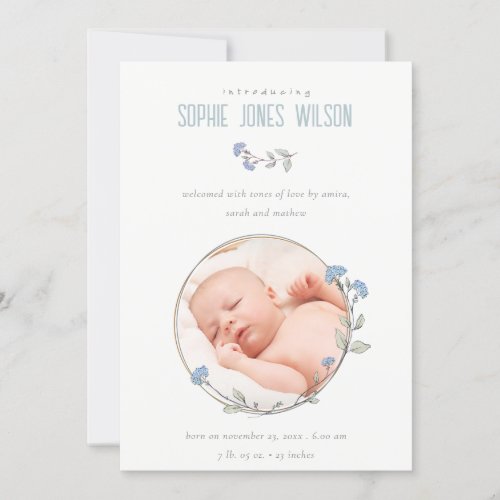 Blue Floral Wreath Photo Boy Birth Announcement 