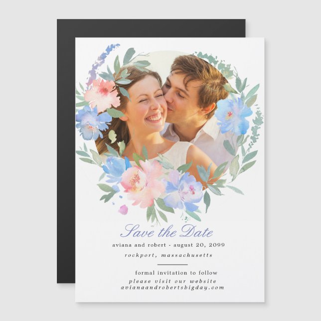 Blue Floral Wreath Save the Date Magnetic Card (Front/Back)