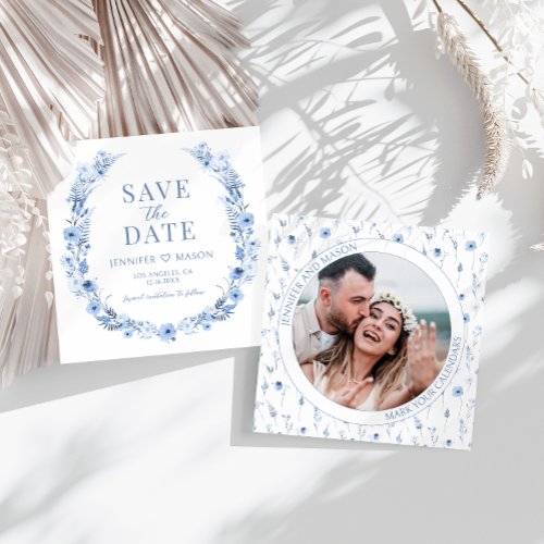 Blue floral wreath Save the Date photo invitation