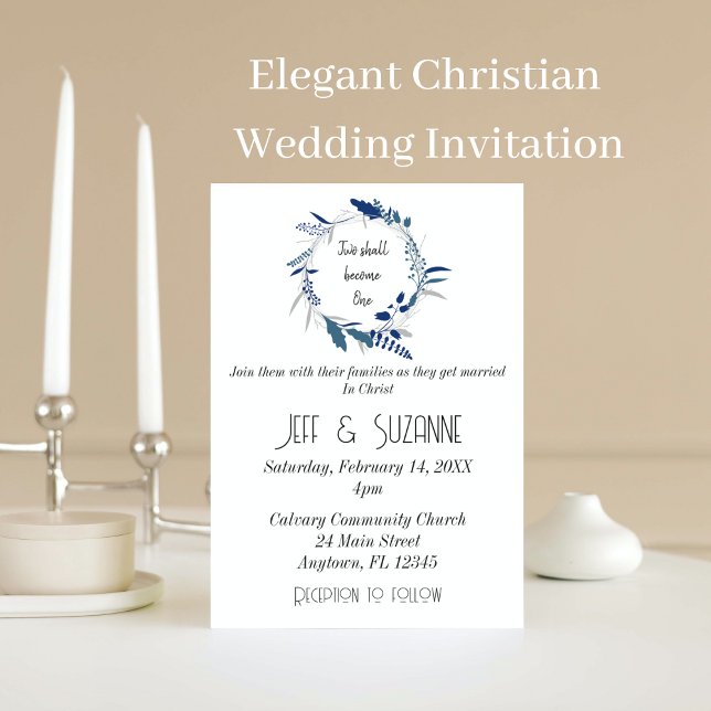 Blue Floral Wreath Two Become One Wedding  Invitation (Creator Uploaded)