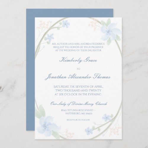 Blue Floral Wreath Wedding Invitaton Invitation