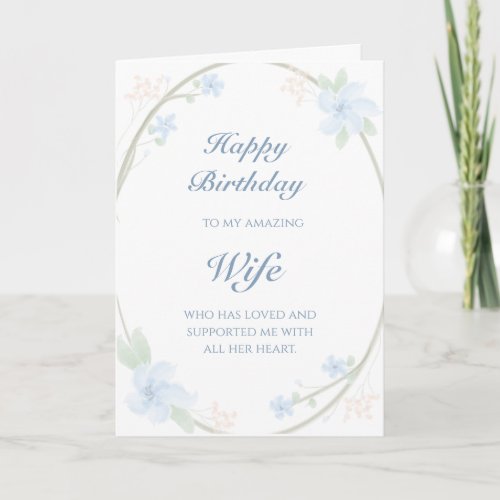 Blue Floral Wreath Wife Birthday Card