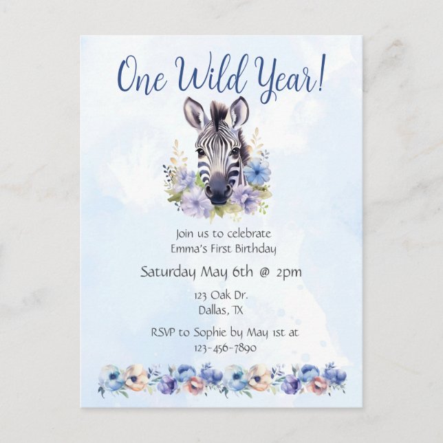 Blue Floral Zebra Birthday  Invitation Postcard (Front)