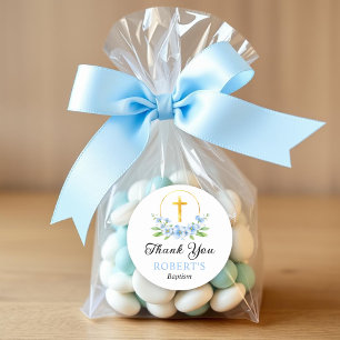 Blue florals and gold cross boy baptism Thank You Classic Round Sticker