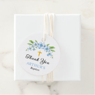 Blue florals and gold cross boy baptism Thank You Favor Tags