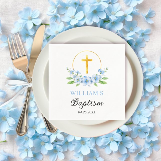 Blue florals and gold cross boy floral baptism  napkins (Creator Uploaded)
