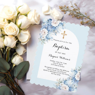 Blue florals arch cross boy baptism invitation