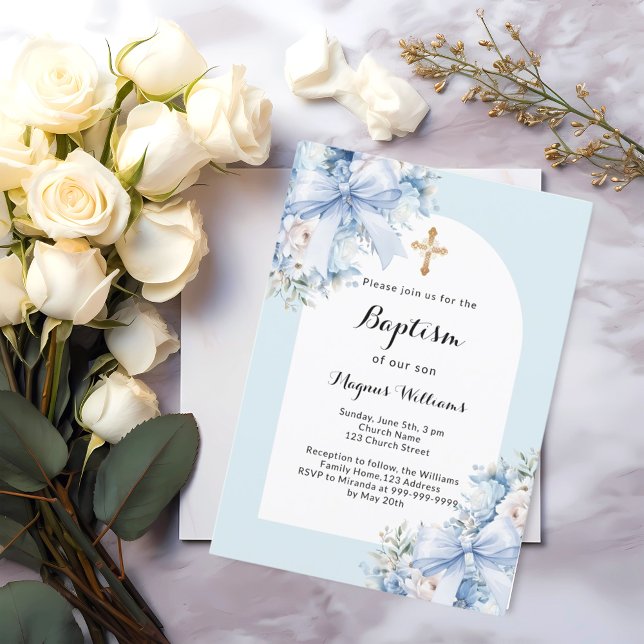 Blue florals arch cross boy baptism invitation (Creator Uploaded)