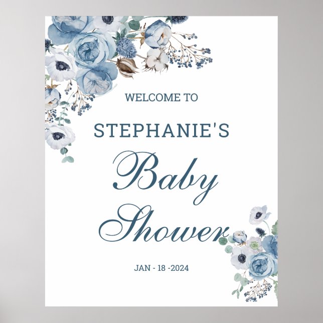Blue Florals Baby Shower Welcome Poster Sign (Front)