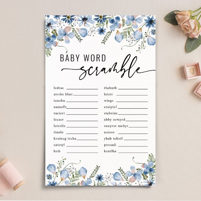 Blue Florals Baby Word Scramble Baby Shower Game (Creator Uploaded)