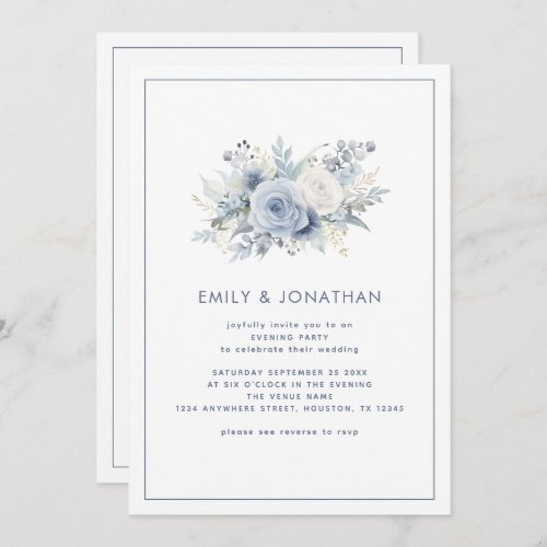 Blue Florals Border QR Wedding Evening Party Invitation