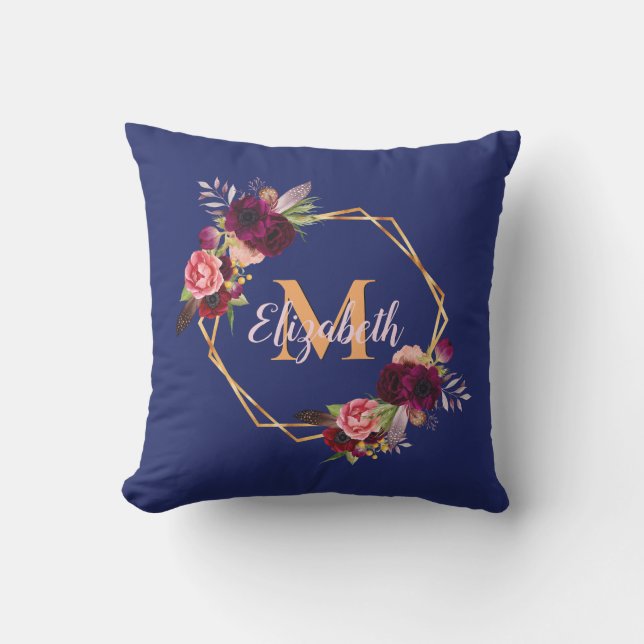 Blue florals burgundy gold geometric monogram outdoor pillow (Front)