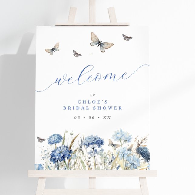 Blue Florals & Butterflies Bridal Shower Welcome Foam Board (Creator Uploaded)