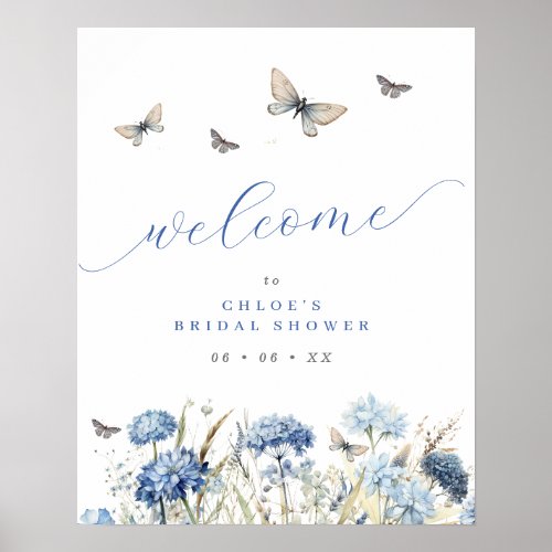 Blue Florals  Butterflies Bridal Shower Welcome Poster