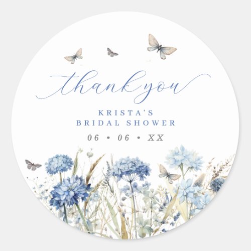 Blue Florals  Butterflies Thank You Bridal Shower Classic Round Sticker